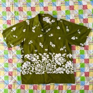 Vintage 60s Casual Aire Mens Hawaiian Tiki‎ Shirt Green White // Size XL
